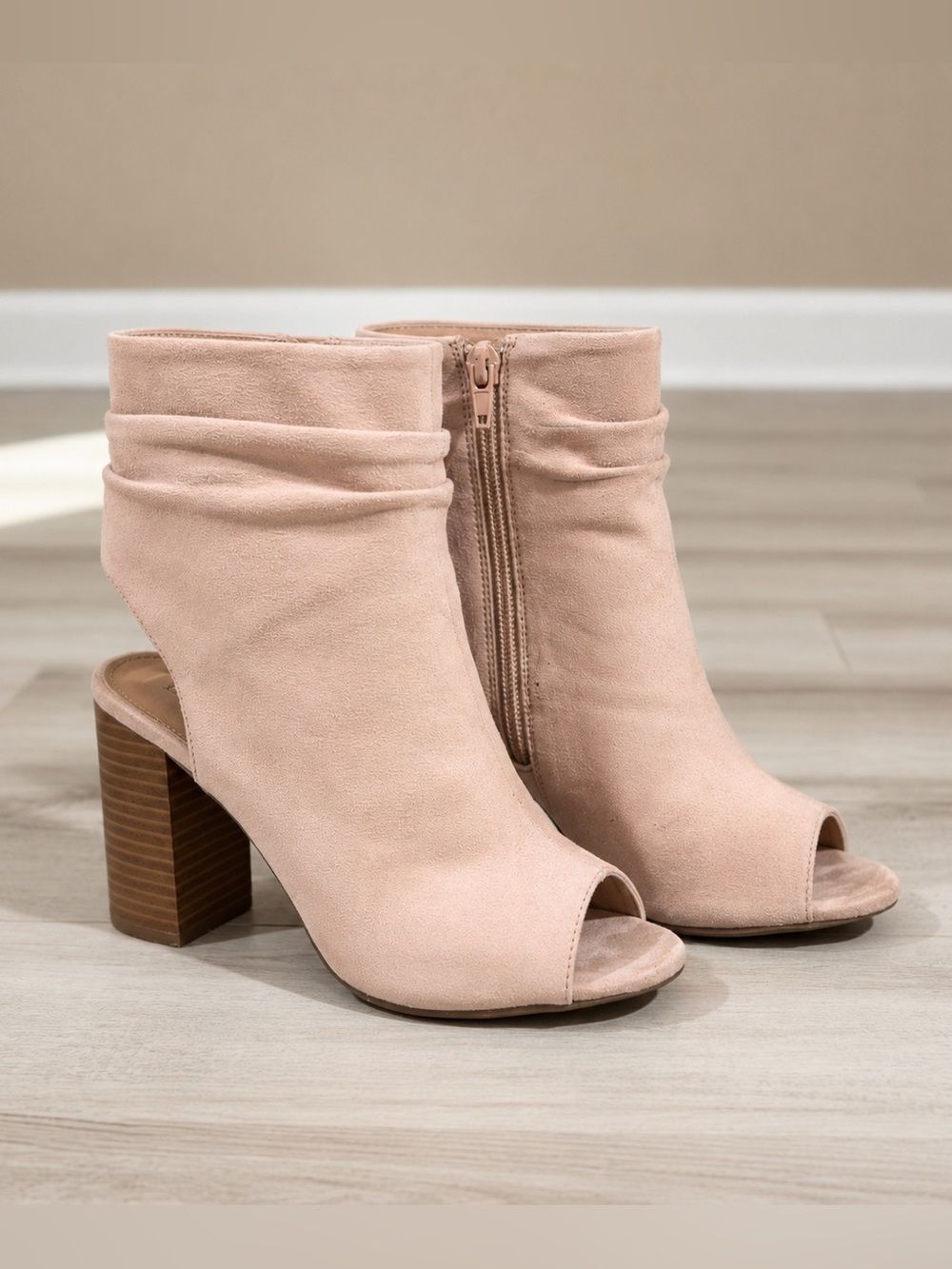 Charlotte Russe Lita Blush Peep-Toe Block Heel Booties (Size: 7)
